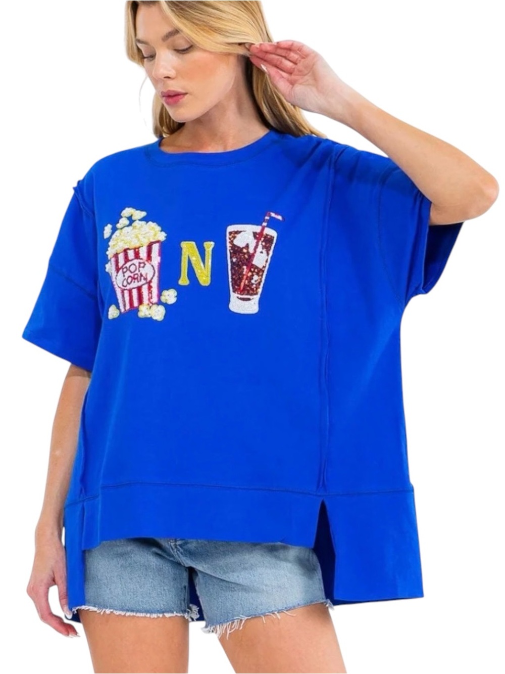 7060. Fantastic Fawn Bright Royal Blue Popcorn & Soda Embroidered Tee